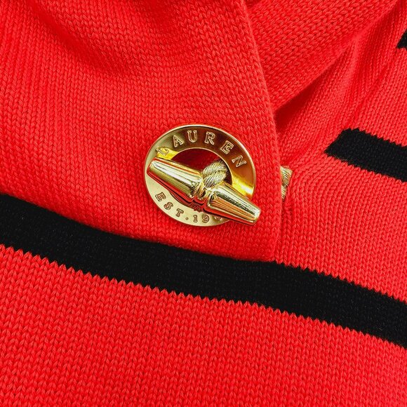 Ralph Lauren LRL Sweater S Red Black Stripe Metallic Gold Toggle Closure Cotton - Picture 5 of 11